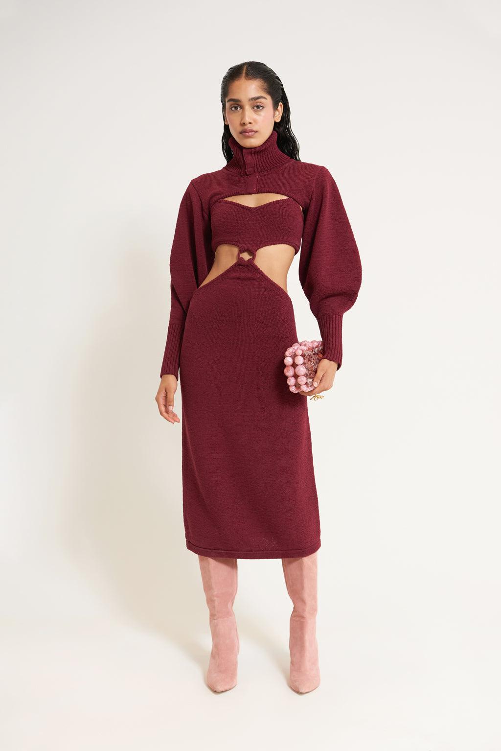 vestido de fiesta de lana con cuello alto