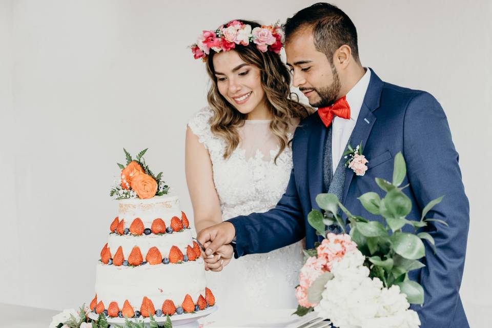 Pareja en el momento de cortar torta de matrimonio