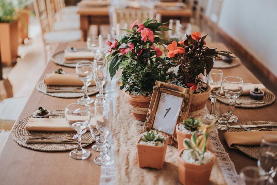 decoración de boda con centros de mesa con plantas y flores