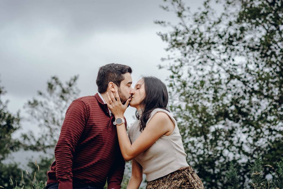 pareja de novios dándose un beso al aire libre