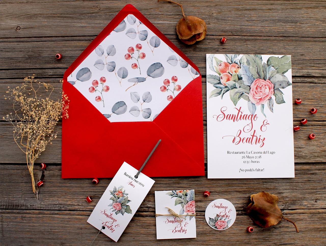 Invitaciones de matrimonio florales en rojo