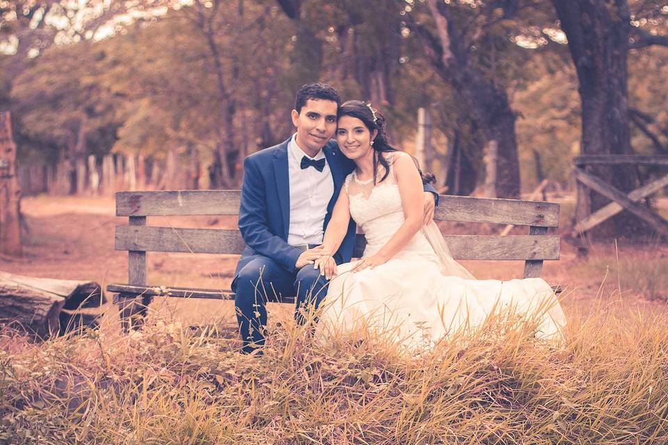 Novios sentados en una banca en el campo