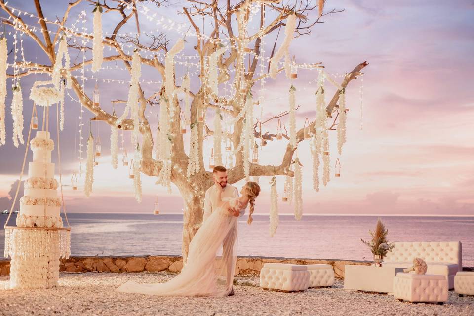 Novios frente a un árbol y el mar