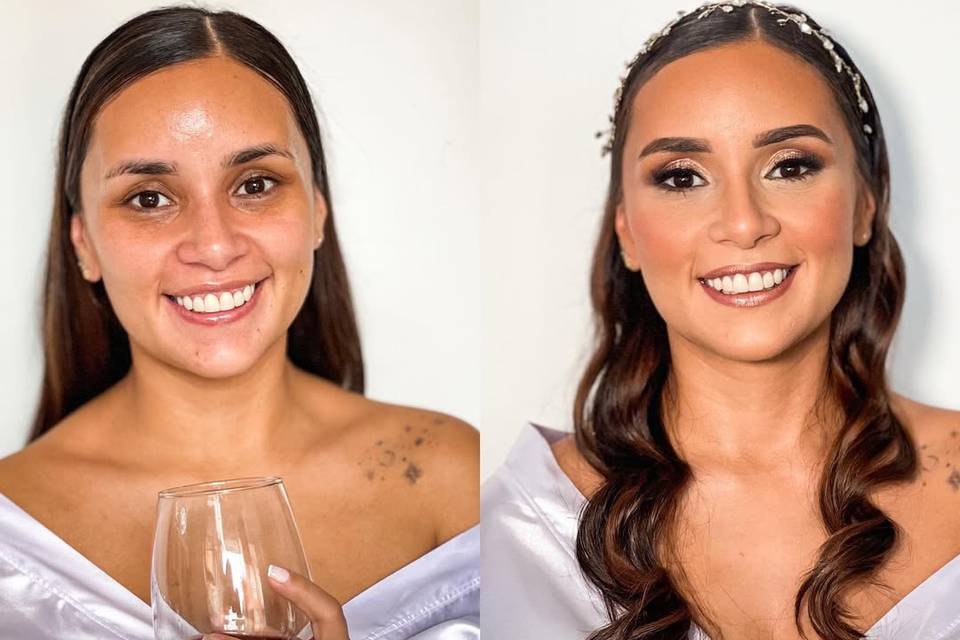 Novia antes y después de su peinado y maquillaje