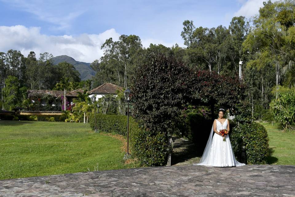 Novia posando en el jardín