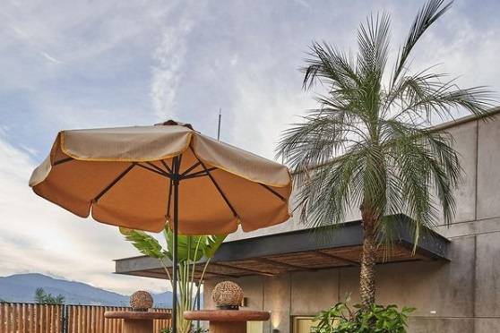 Terraza con bancos de madera y sombrilla