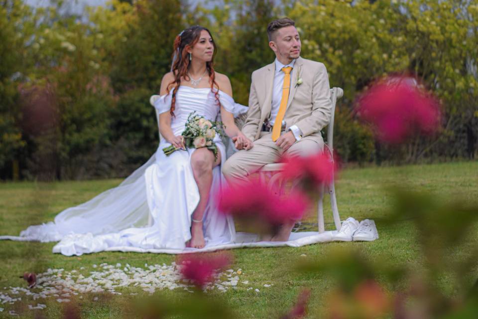Novios sentados en un jardín