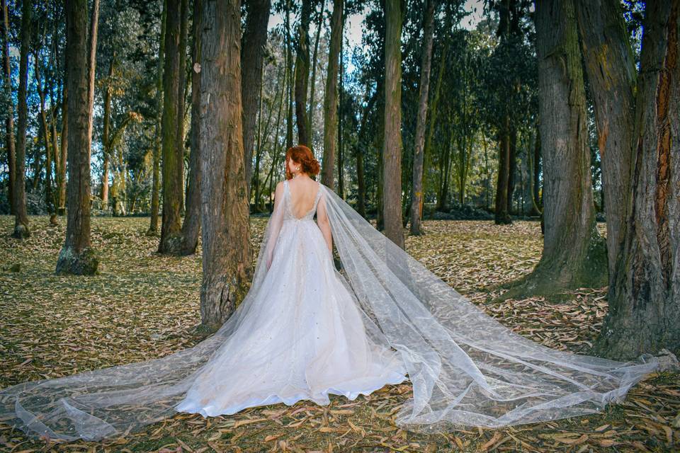 Novia de espaldas entre los árboles