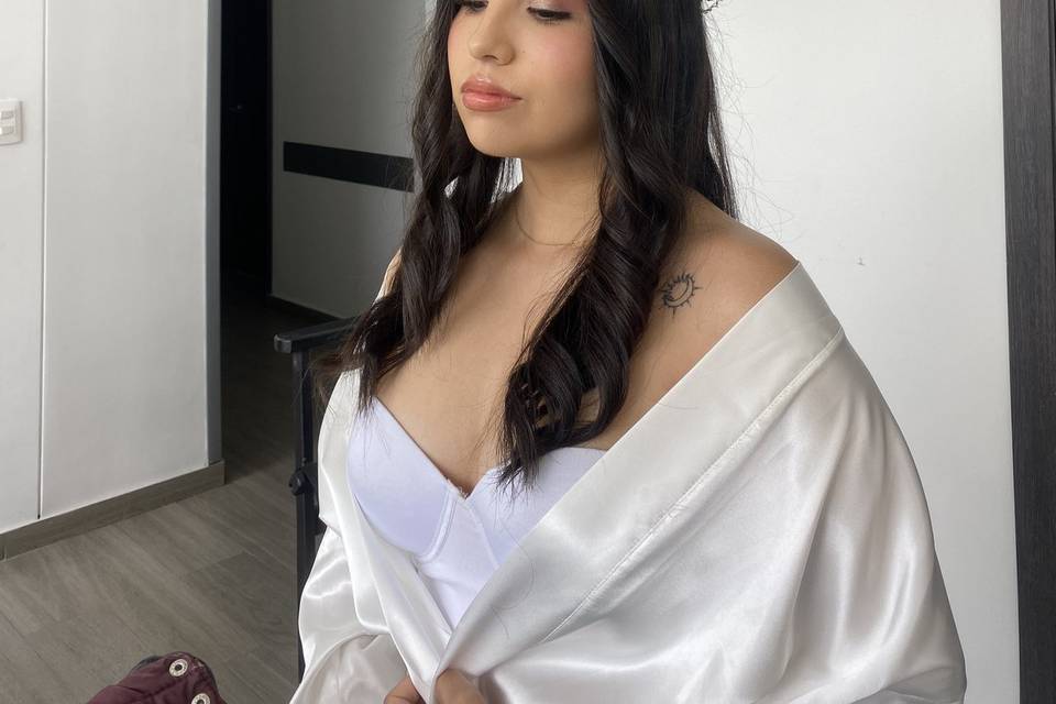 Novia sentada con cabello suelto y corona