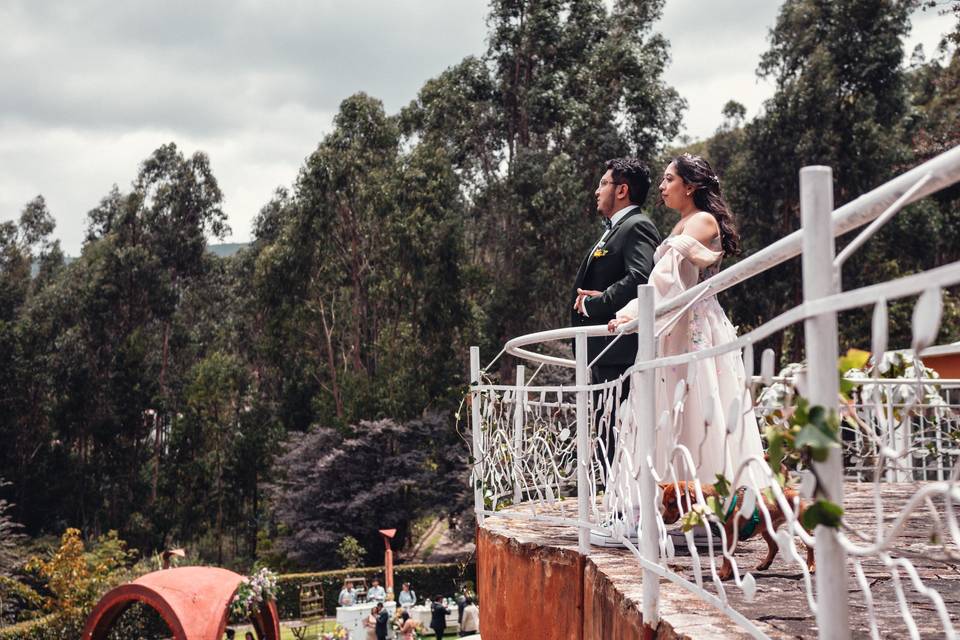 Novios mirando por una terraza